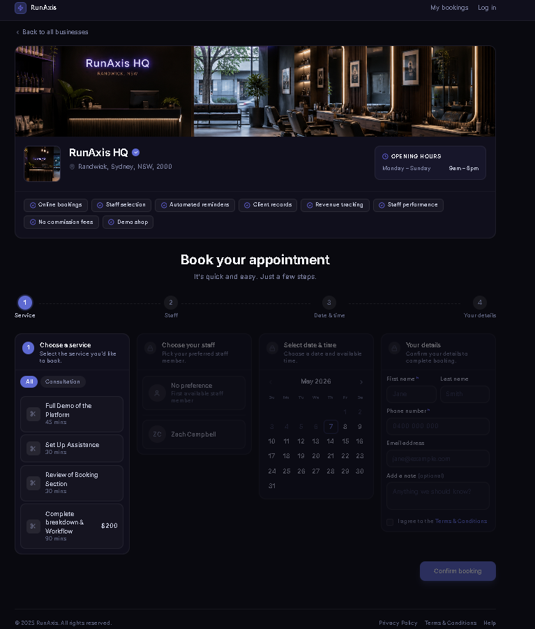 RunAxis booking flow